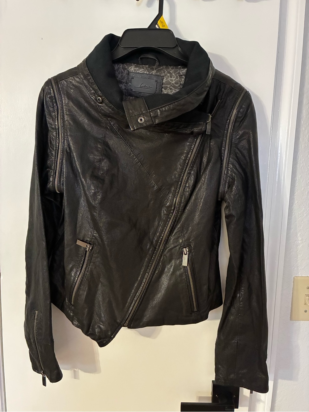 Genuine Lambskin Black Leather Asymmetrical Moto Jacket/Vest by Line